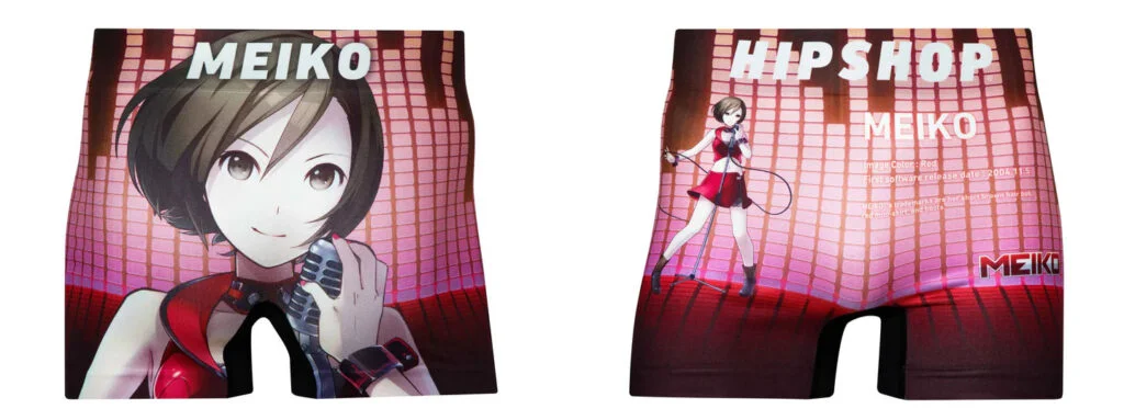 A pair of underwear with the character Meiko printed on them