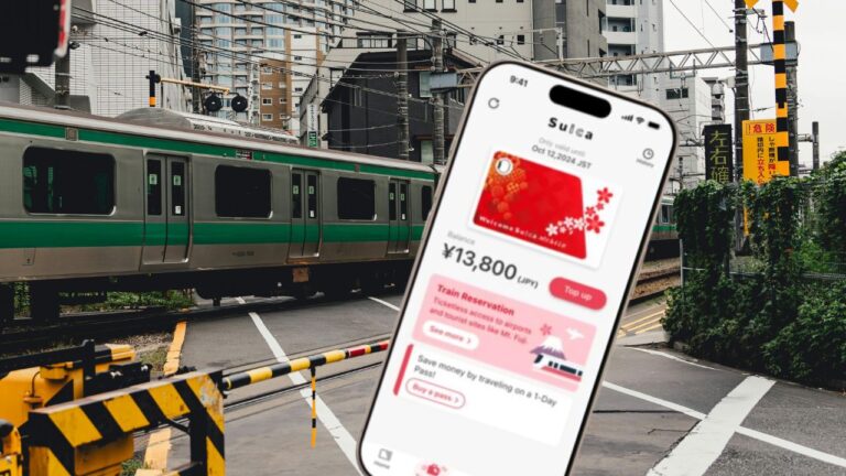 A Japanese train at a level crossing alongside an screenshot of the Welcome Suica app