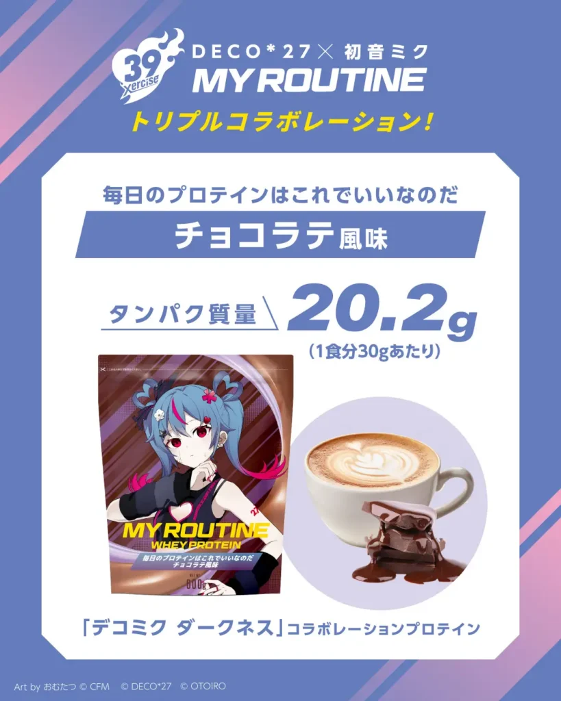 A pack of DECOMiku Darkness protein powder next to an image of a hot chocolate drink and cholocates