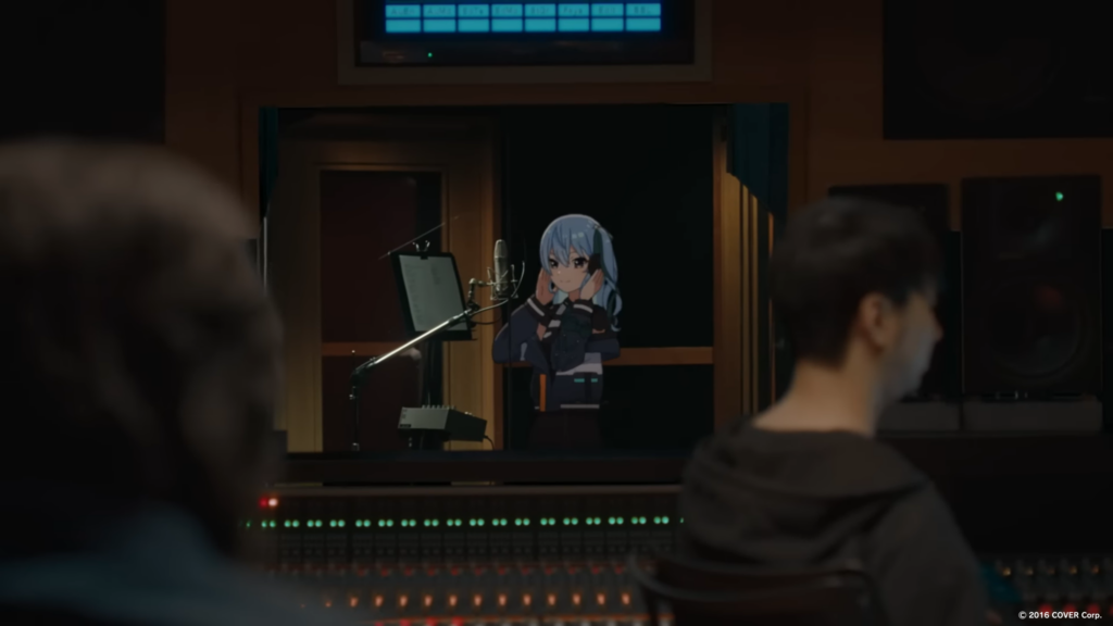 A virtual character in a real world recording booth