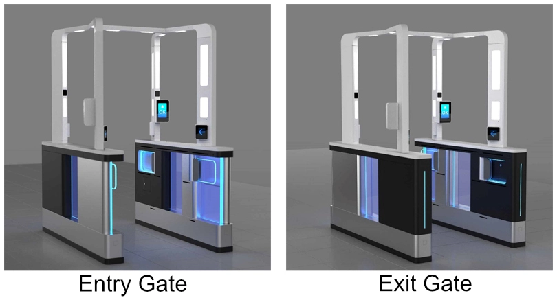 Two images showing the entry and exit of new facial recognition ticket gates