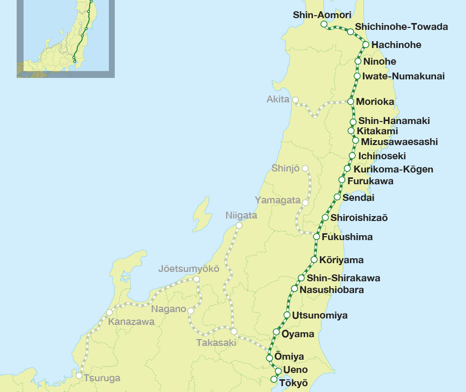 A map of the Tohoku shinkansen route