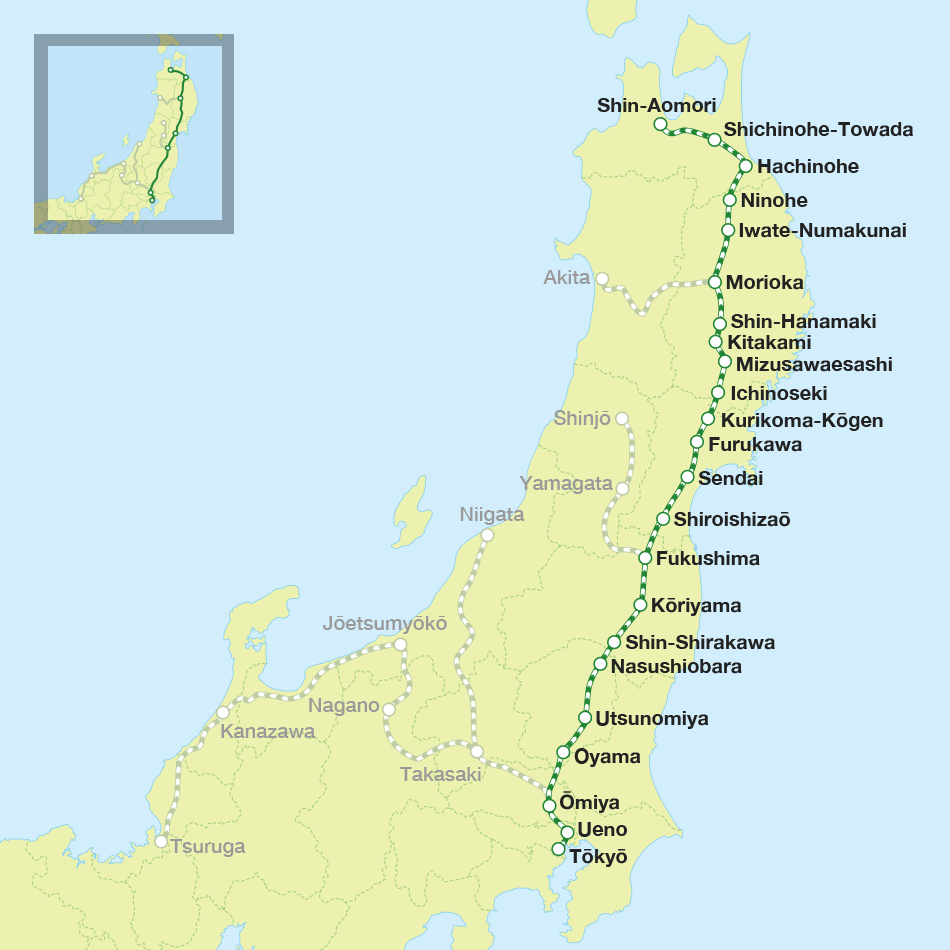 A map of the Tohoku shinkansen route