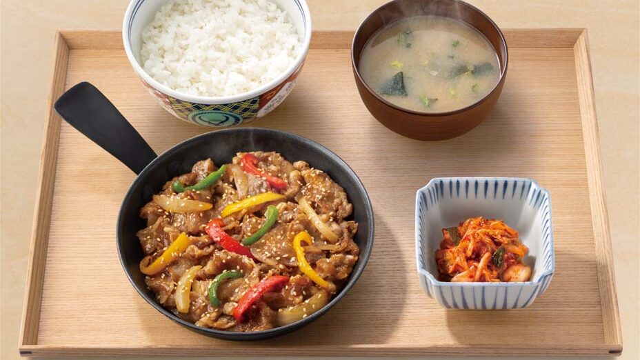 Bulgogi beef, miso soup, rice and kimchi on a tray