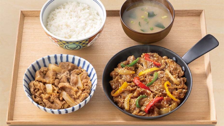 Bulgogi beef, miso soup, rice and gyudon beef on a tray